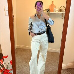 Silver Button-Up Shirt and Cream Pants